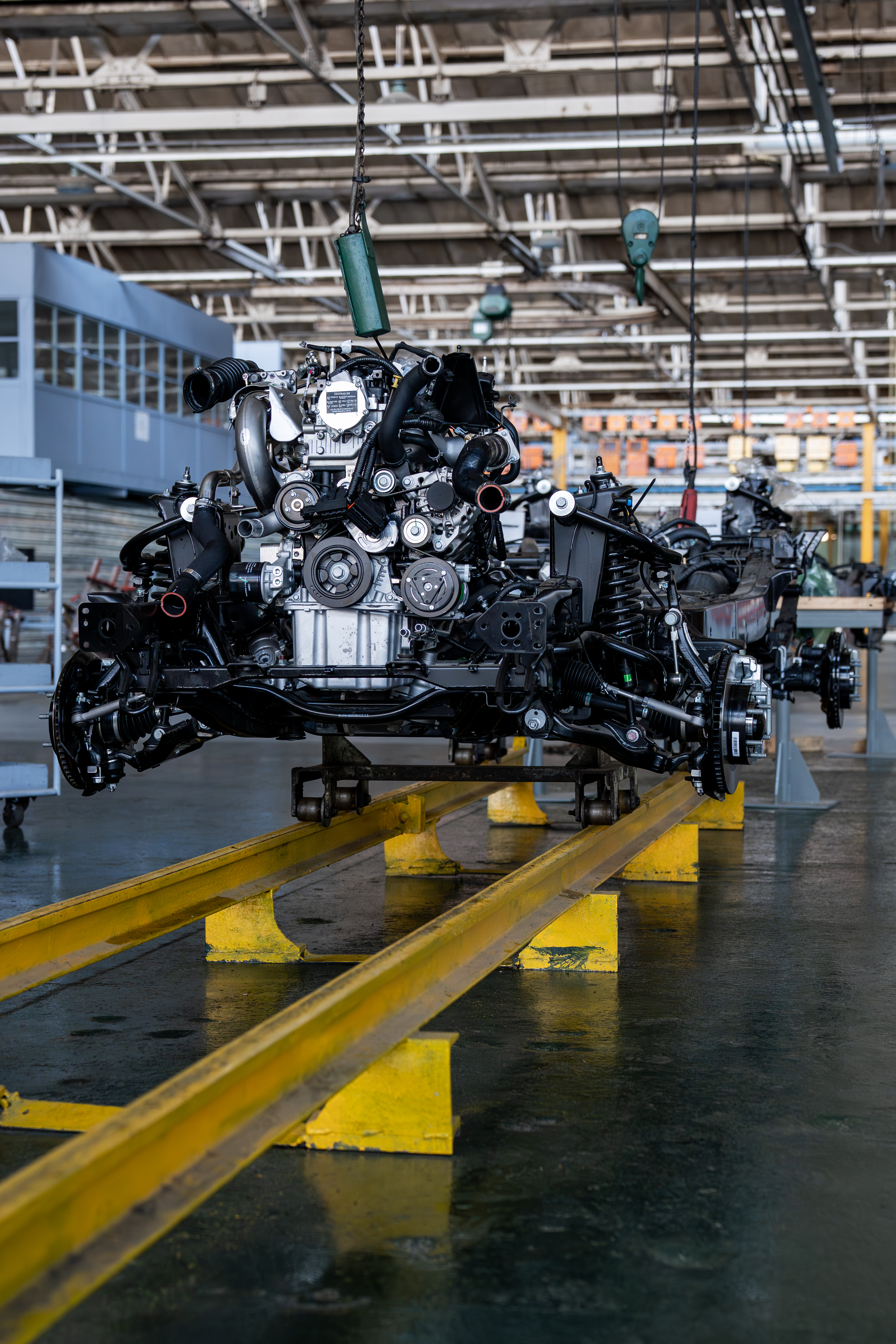Bare chassis on the assembly line